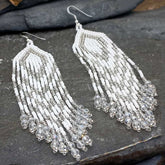 Beaded White Silver Dangle Earrings